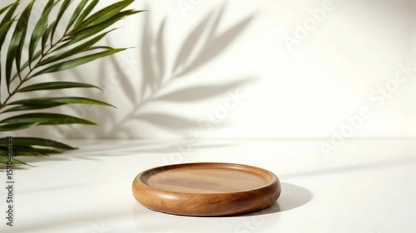 Fototapeta Wooden Product Display with Palm Leaf Shadows