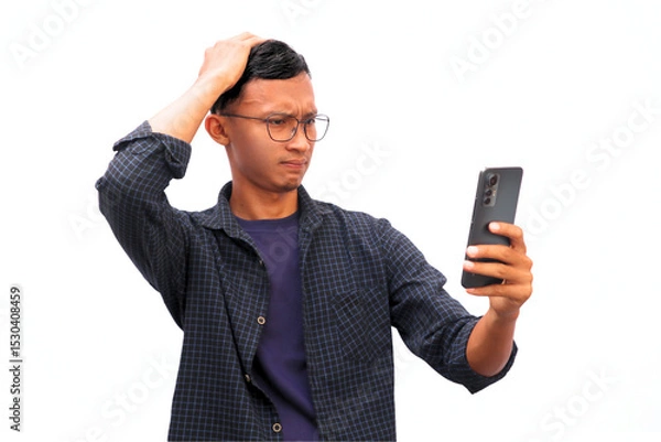 Fototapeta An Asian man shows a sad expression while holding a cellphone.