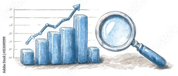 Fototapeta A hand-drawn bar chart with an upward trend arrow alongside a magnifying glass, symbolizing data analysis and growth.