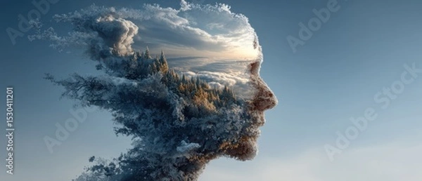 Fototapeta Surreal digital art blending a human profile with a forest and cloudy sky, symbolizing nature and the mind"s connection.