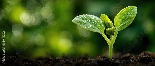 Fototapeta A small green seedling with dew drops grows from dark soil against a blurred green background with circular light reflections.