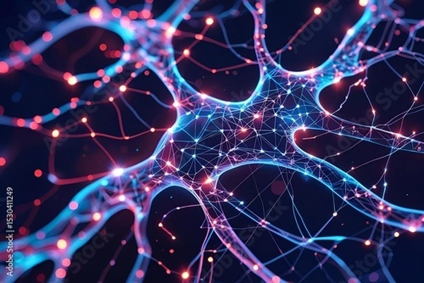 Fototapeta Neural network patterns, glowing circuits, science theme