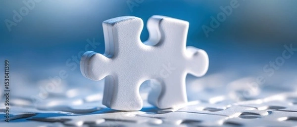 Fototapeta A close-up of a white puzzle piece standing on other scattered puzzle pieces with a blue gradient background.