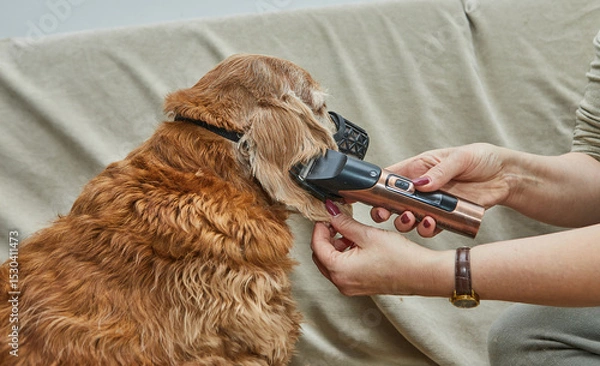 Obraz Careful trimming of dog's ear with clippers during grooming, focusing on precision and safe handling for pet hygiene