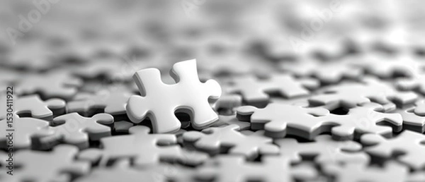 Fototapeta A close-up image of scattered blank white puzzle pieces with one piece standing upright, highlighting the complexity of assembling the whole picture.