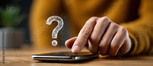 Fototapeta A person interacts with a smartphone displaying a glowing question mark, symbolizing inquiry or seeking information.