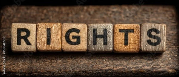 Fototapeta Wooden blocks spell out the word "RIGHTS" on a textured wooden surface, symbolizing concepts of justice and entitlements.