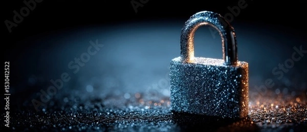 Fototapeta A close-up of a wet padlock standing on a reflective surface with water droplets, symbolizing security and protection in a dark, moody setting.