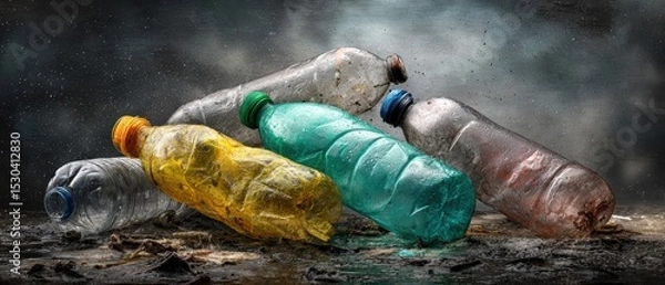 Fototapeta Five discarded plastic bottles of various colors lie on the ground amidst dirt and debris, highlighting pollution and waste in a natural setting.