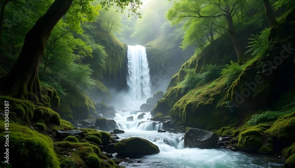 Fototapeta Experience the natural beauty of a cascading waterfall flowing through a vibrant green forest landscape with majestic rocks