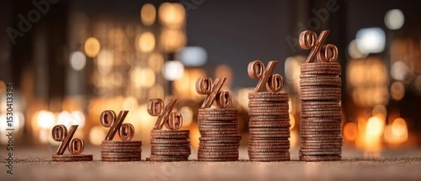 Fototapeta Stacks of coins arranged in ascending order with percentage symbols on top, symbolizing financial growth or increasing interest rates.