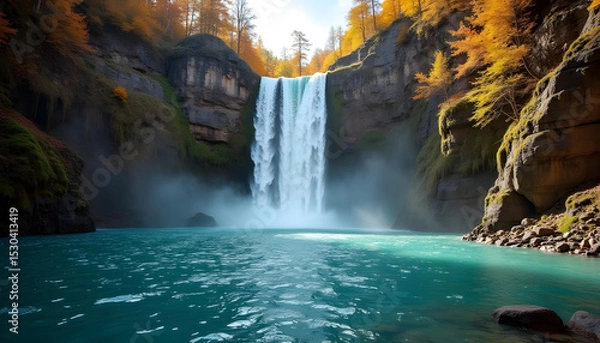 Fototapeta Experience the natural beauty of a cascading waterfall flowing through a vibrant green forest landscape with majestic rocks
