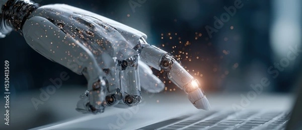 Fototapeta A robotic hand with sparks touches a keyboard, symbolizing advanced technology and automation in a futuristic setting.