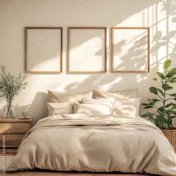 Obraz Cozy bedroom with beige bedding, wooden nightstand, indoor plants, and sunlight casting shadows on wall