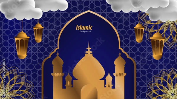 Obraz Islamic Background Featuring Golden Mosque Green Patterns and Crescent Moon