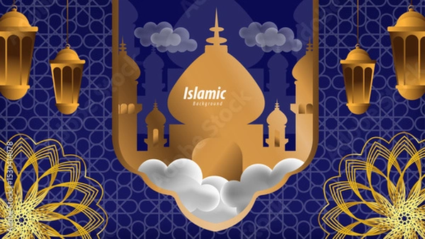 Obraz Islamic Background Featuring Golden Mosque Green Patterns and Crescent Moon