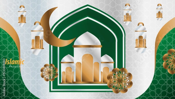 Obraz Elegant Islamic Background with Gold Lanterns and Green Floral Decorations