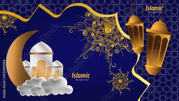 Obraz Islamic Background Featuring Golden Mosque Green Patterns and Crescent Moon