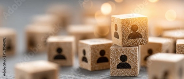 Fototapeta Wooden blocks with user icons stacked, symbolizing teamwork, networking, and organizational hierarchy, highlighted by warm lighting and a blurred background.