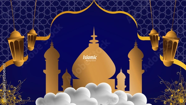 Obraz Elegant Islamic Background with Gold Lanterns and Green Floral Decorations