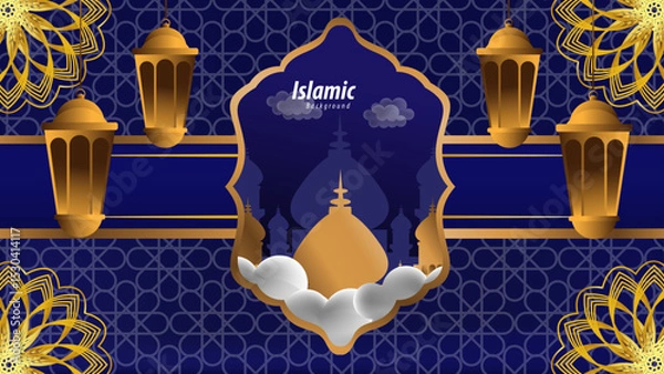 Obraz Elegant Islamic Background with Gold Lanterns and Green Floral Decorations