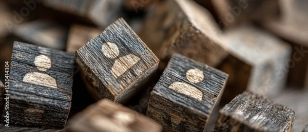 Fototapeta Wooden blocks with painted human icons symbolizing social connections and networking on a blurred background.