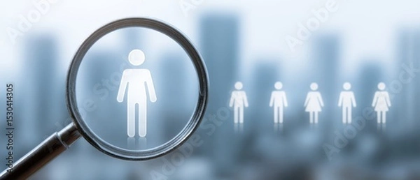 Fototapeta A magnifying glass highlights a human icon among other smaller human figures, symbolizing focus on individuals or selection.