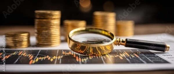 Fototapeta Magnifying glass highlights financial chart analysis with stacked gold coins blurred in the background symbolizing investment and wealth growth.