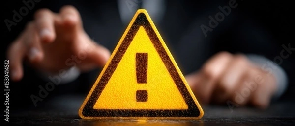 Obraz A yellow triangular warning sign with an exclamation mark is prominently displayed, while a blurred hand reaches towards it in the background.
