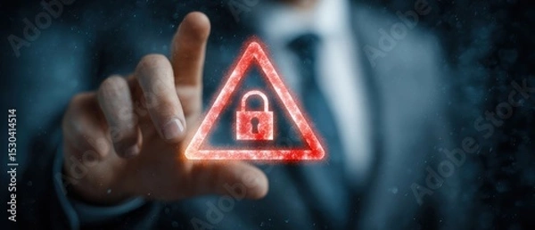 Fototapeta A person in a suit interacts with a glowing red lock symbol inside a warning triangle, representing cybersecurity or data protection.