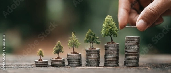Fototapeta Small trees growing on stacks of coins, symbolizing financial growth and investment over time.
