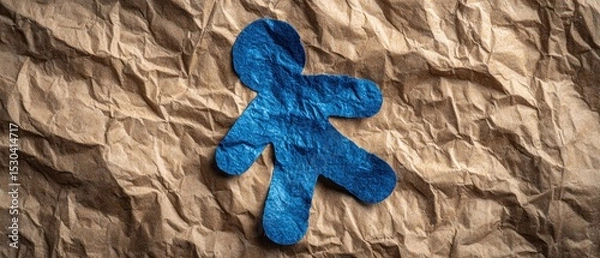 Fototapeta A blue paper cutout figure lies on crumpled brown paper, conveying themes of fragility and vulnerability.