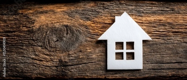 Fototapeta A white paper cutout of a house with four windows sits on rustic wooden planks with rich textures and natural wood grain patterns.