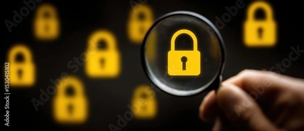 Fototapeta A hand holds a magnifying glass focusing on a yellow padlock symbol among multiple blurred padlocks, symbolizing cybersecurity and data protection.