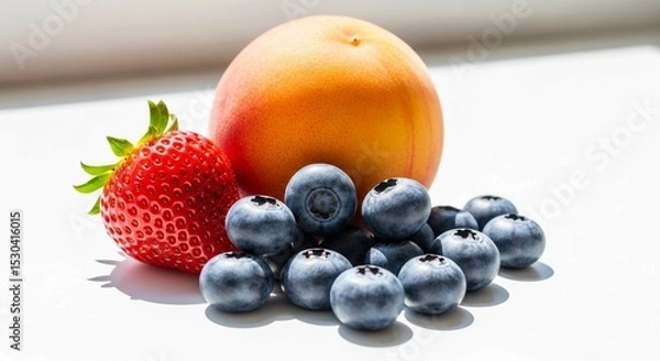 Fototapeta A bountiful pile of mixed berries, sweet cherries, and citrus, symbolizing natural goodness.
