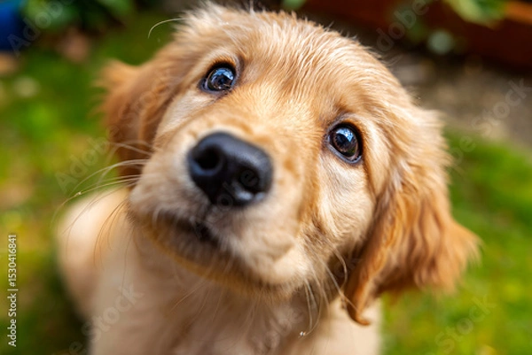 Fototapeta Closeup of cute golden retriever puppy with sparkling eyes, soft focus, grassy garden background