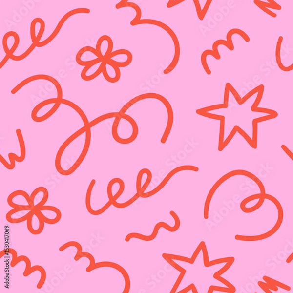 Fototapeta Seamless pattern of cute kids elements. Hand drawn fun childish print. Red and pink colors. Vector line illustration