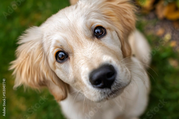 Fototapeta Golden retriever puppy looking up, big eyes, soft blur, garden grass background, innocent and curious