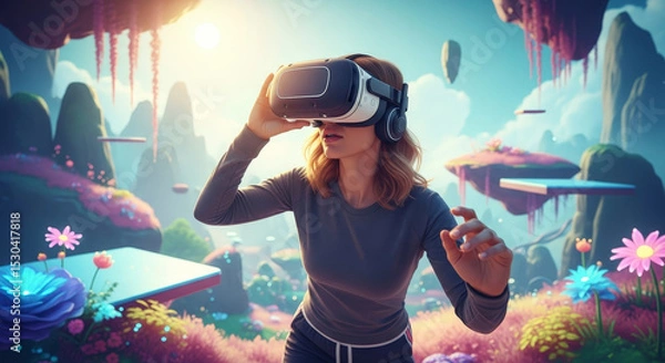 Fototapeta Woman Wearing Virtual Reality Headset in Pixelated Fantasy Landscape with Flowers and Floating Islands