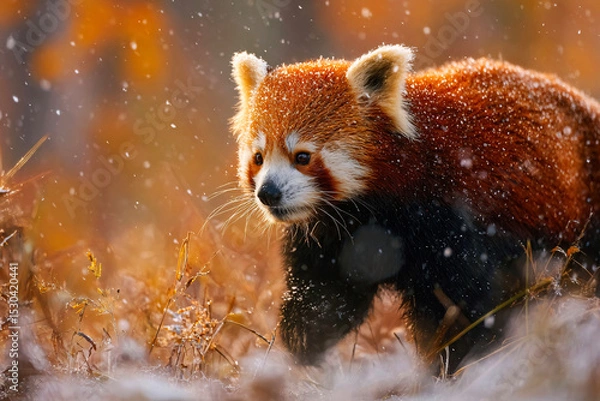 Fototapeta Majestic red panda walking in autumn maple grove, side view, slow snow, golden hour light