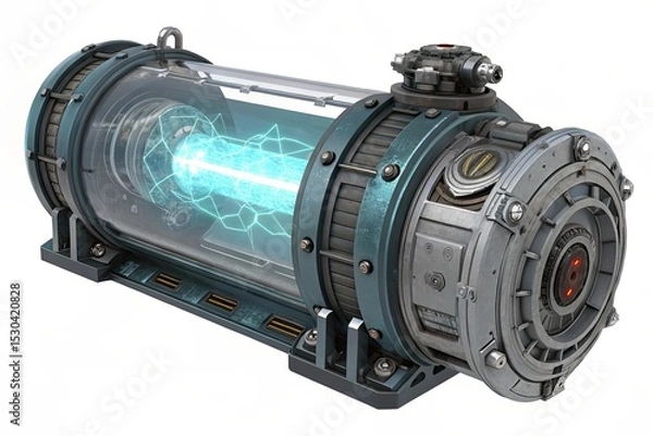 Obraz A futuristic energy core with a transparent casing and glowing blue energy inside. The design features metallic elements and intricate details.
