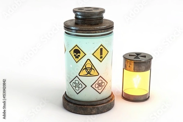 Obraz A hazardous waste container with warning symbols. A smaller lantern emits light beside it. The scene emphasizes safety and environmental concerns.