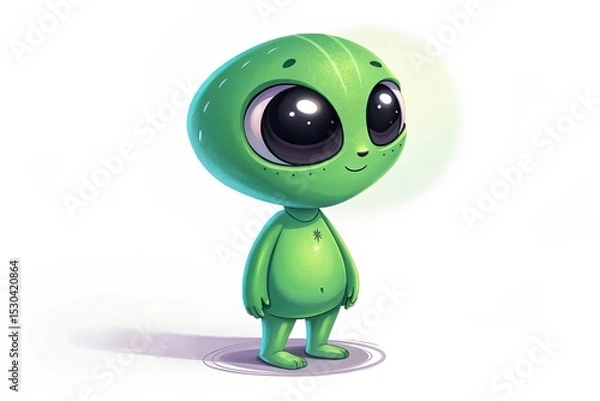 Obraz A cute, cartoonish green alien character with large black eyes and a small body. The alien stands on a simple background, exuding a friendly vibe.