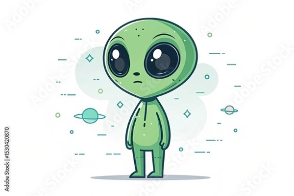 Obraz A cartoon alien character with green skin, large black eyes, and a simple body shape. The background features stars and planets, emphasizing a space theme.