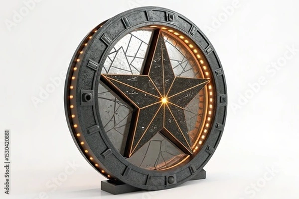 Fototapeta A decorative star-shaped object with a metallic frame and illuminated edges. The design features intricate patterns and a glass-like surface.
