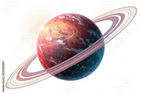 Obraz A colorful planet with rings, featuring vibrant red and blue hues. Stars and cosmic elements surround the planet, creating a space-themed scene.