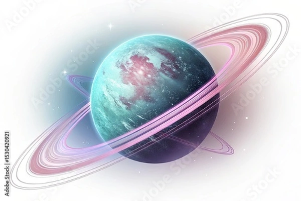 Obraz A stylized planet with rings, featuring a blue-green surface and pink accents. The background is a soft gradient, enhancing the cosmic theme.
