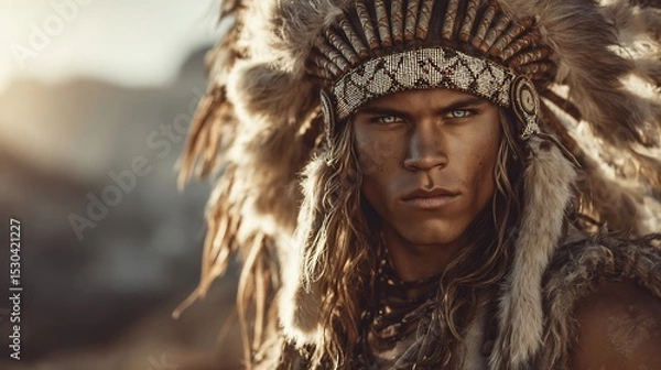Obraz Close-up portrait of a man wearing a Native American headdress.