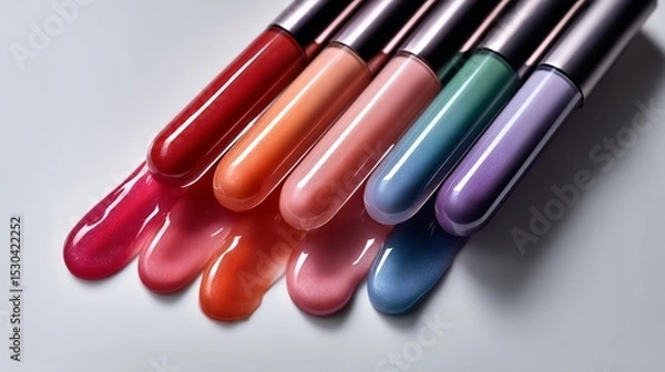 Obraz Colorful lip glosses drizzled onto a surface.