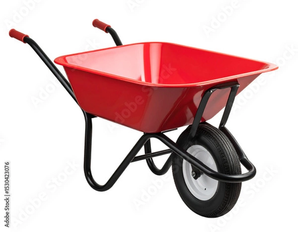 Fototapeta Old usty wheelbarrow with black handles and one front wheel, isolated on transparent background. Ideal for gardening, farming, or construction-related concepts.